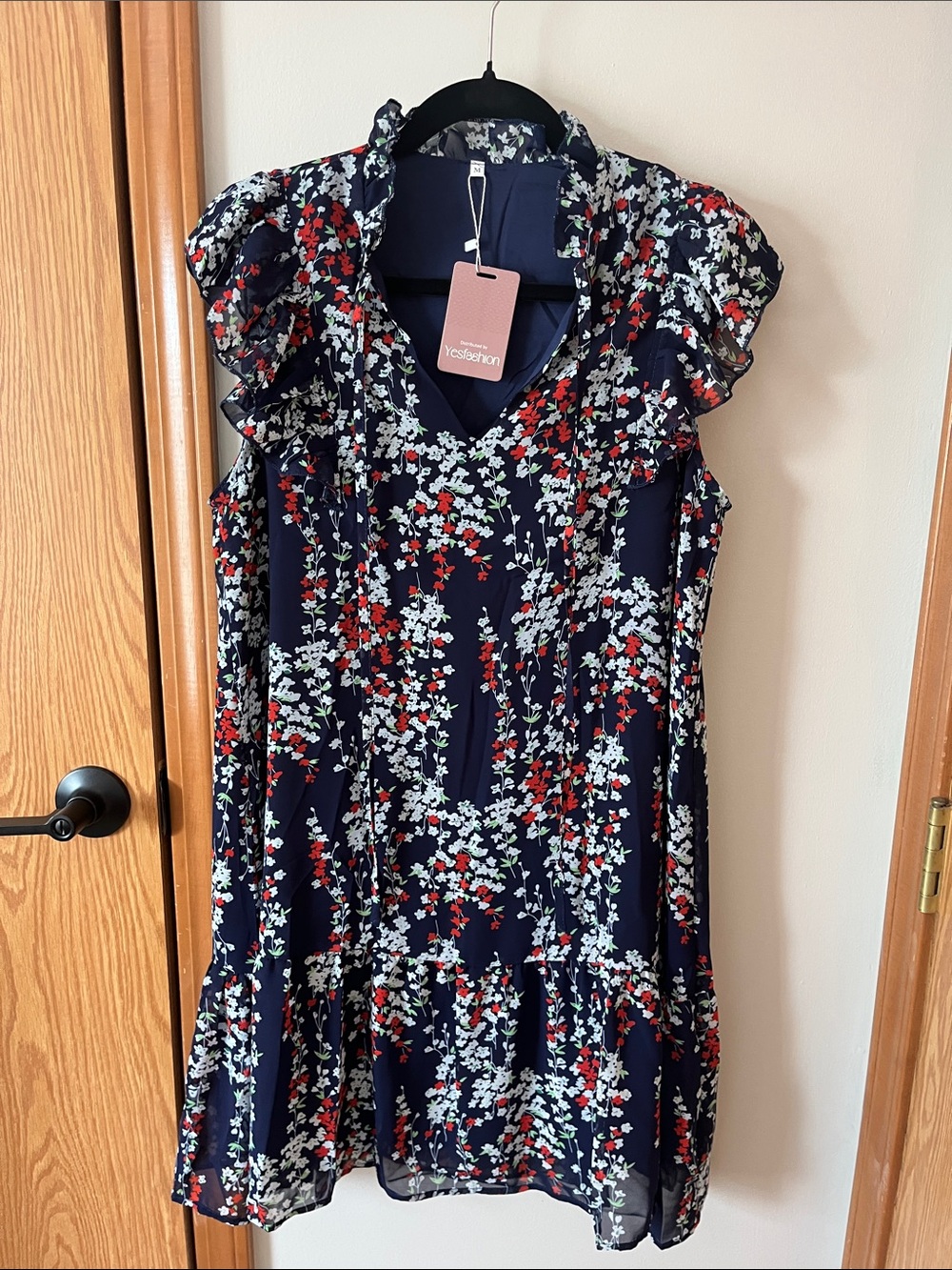 Target Navy Floral Ruffle Mini Dress with Red and White Blossoms